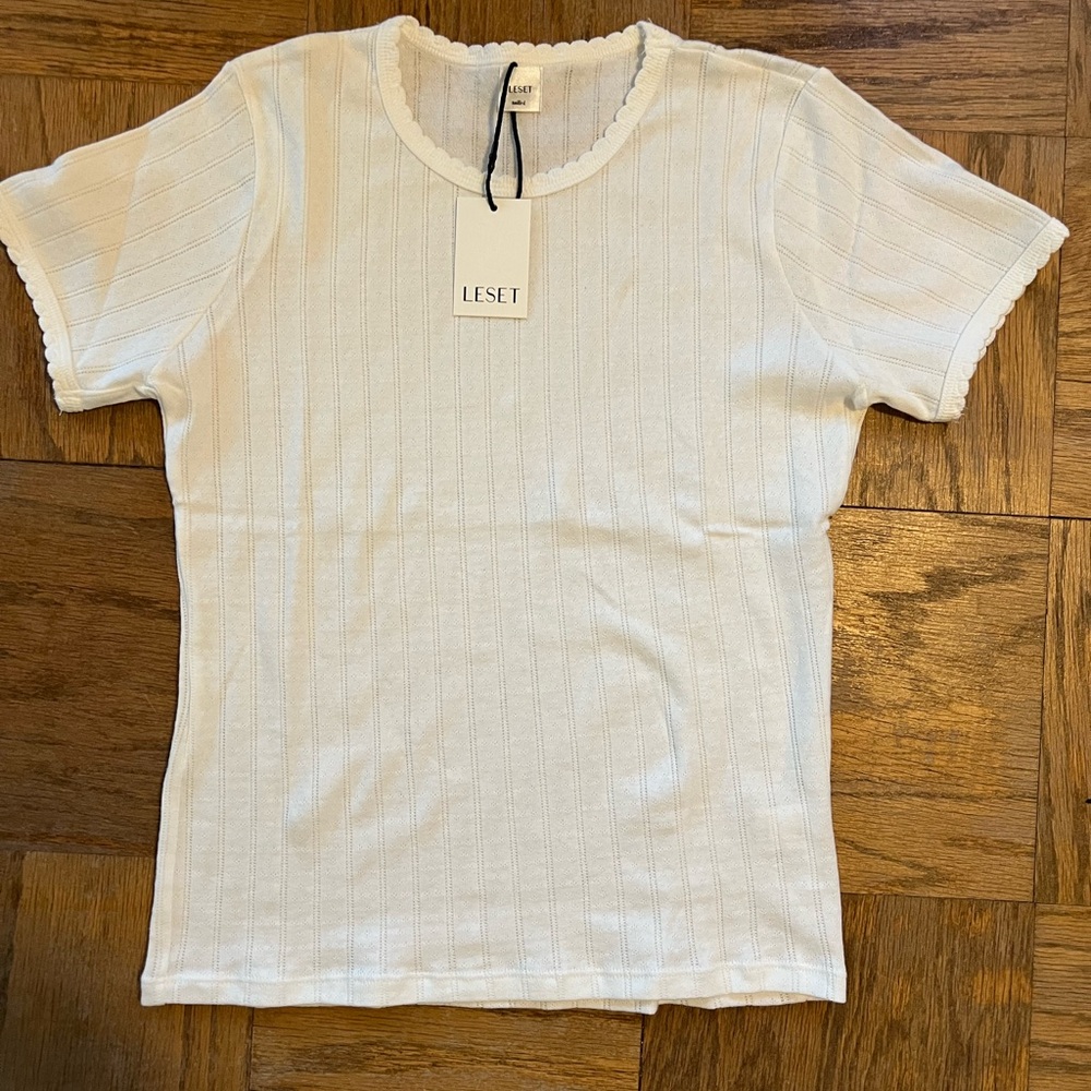 LESET Slim Fit Pointelle White Short Sleeve Tee